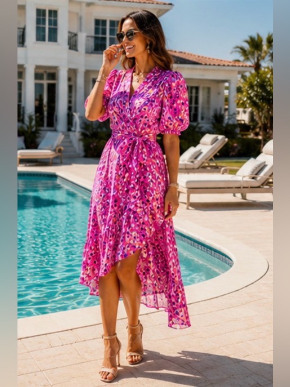 Lilly Pulitzer Juney Faux Wrap Midi Dress | Wild Fuchsia | Puff Sleeve | 6 - Picture 1 of 14